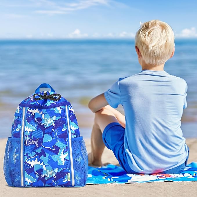 WAWSAM Kids Gym Drawstring Backpack String Bag, Shark Sports Gym Bag for Kids Boys Waterproof Swimming Beach String Cinch Backpack with Two Water Bottle Pocket