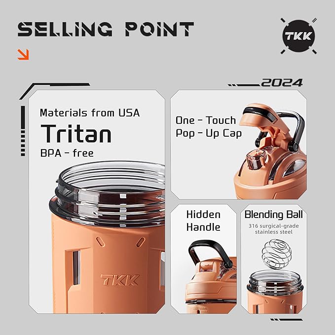 TKK 24oz Protein Shaker Bottle with Blending Ball, BPA Free Tritan Plastic, Leak-Proof, One-Touch Lid, Non-Slip Grip, Sports & Fitness Use