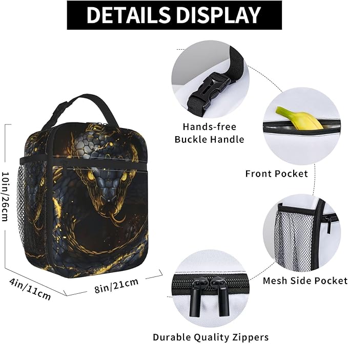 Fierce Snake Lunch Box for Women Adults Kids, Insulated Cooler Polyester Glowing Gold Accents Lunch Bag for Picnic, School, Office, Travel, Work, Portable Reusable Tote Thermal Lunch Bags