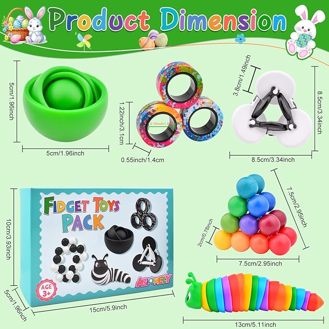 Fidget Toys Adults Pack, Sensory Toys Set for Kids, Fidget Spinner Slug Magnetic Rings, Cool Gadget Gift for Girls Boys Teens ADHD Autism Stress Relief Desk Toy Easter Basket Stuffers