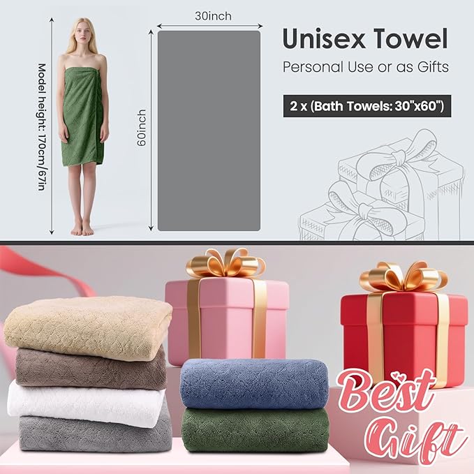 JML Microfiber Bath Towels, Oversized, Ultra Soft, Super Absorbent and Fast Drying, No Fading Large Bathroom Towel Set for Sport, Travel, Fitness (Coral Fleece - Olive-Green, 30 in x 60 in)