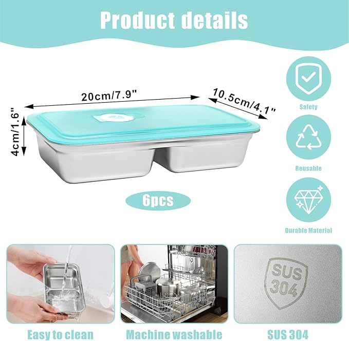 6 PCS Stainless Steel Snack Containers, Double Compartment Bento Box (30oz) with Leakproof Lids, Food Lunch Storage Box Dishwasher Safe & Reusable for Lunch Prep, Travel, Outdoor Camping