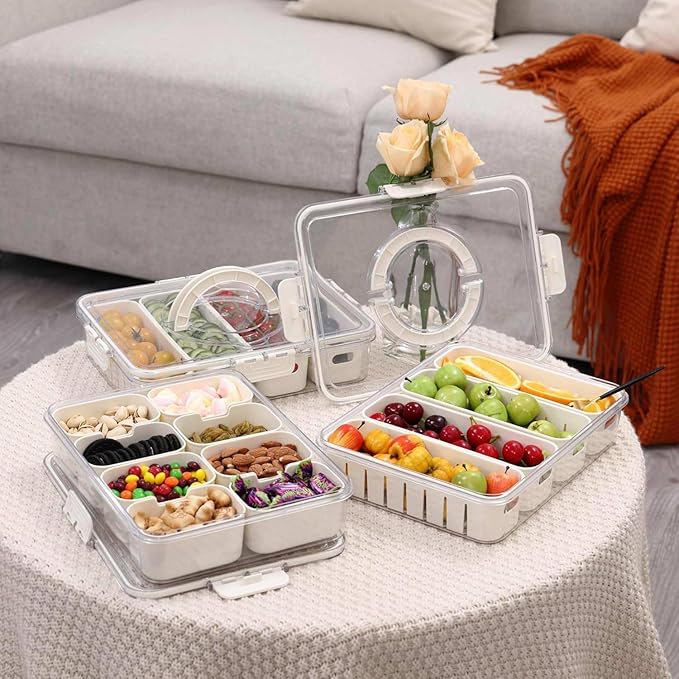 Divided Serving Tray with Lid & Handle| Multi-Purposed Snackle Box Bundle 8ct & 4ct Dividers 20pc Mini Forks| Snackle Box Container for Fruits Nuts Candy Charcuterie Platters Road Trips Picnics