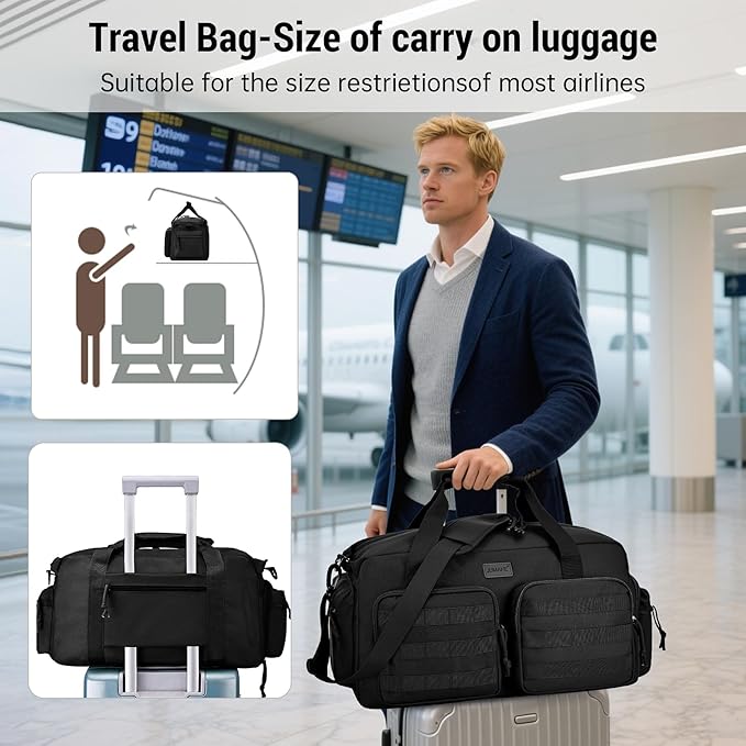 Duffle Bag for Men Women, Gym Bags & Tactical Duffle Bag with Shoe Compartment, Weekender Overnight Bag for Travel Workout, Black