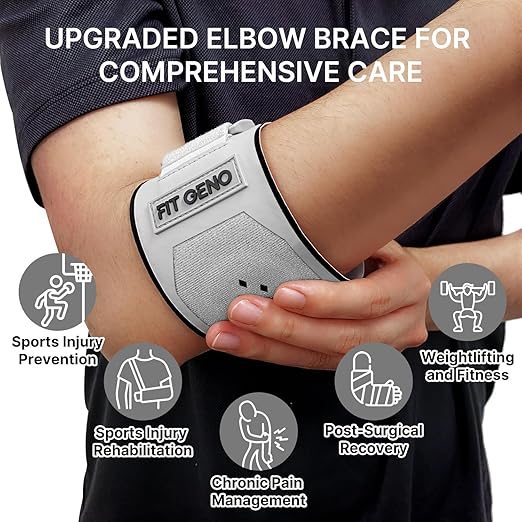 Fit Geno Elbow Brace for Tennis & Golfer's Elbow: Adjustable Elbow Strap for Tendonitis Pain Relief with Compression Pad - Support for Sports Men and Women - Forearm 8''-10.5'', 1 Pack, Gray