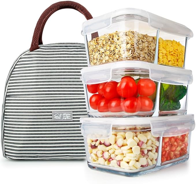 DAS TRUST 3 Pack Glass Food Storage Containers 2 Compartments Glass Meal Prep Containers with Lids Lunch Containers for Adult Food Prep Container with Dividers Reusable Lunch Bento Box