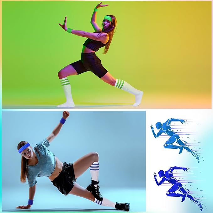 Hillban 80s Workout Outfit 80s Accessories for Women Men Neon Sweatbands Headbands for Tennis Volleyball Sport