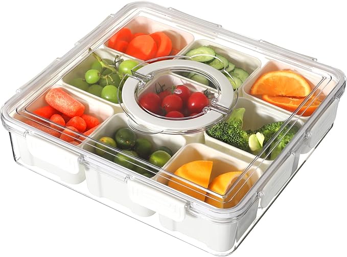 Taiuloo Divided Serving Tray with Lid & Handle, Airtight 9 Compartment Snackle Box Charcuterie Container, Fridge Organizer Bins, Food Storage Container Veggie Tray for Snack, Fruit, Candy, Nuts