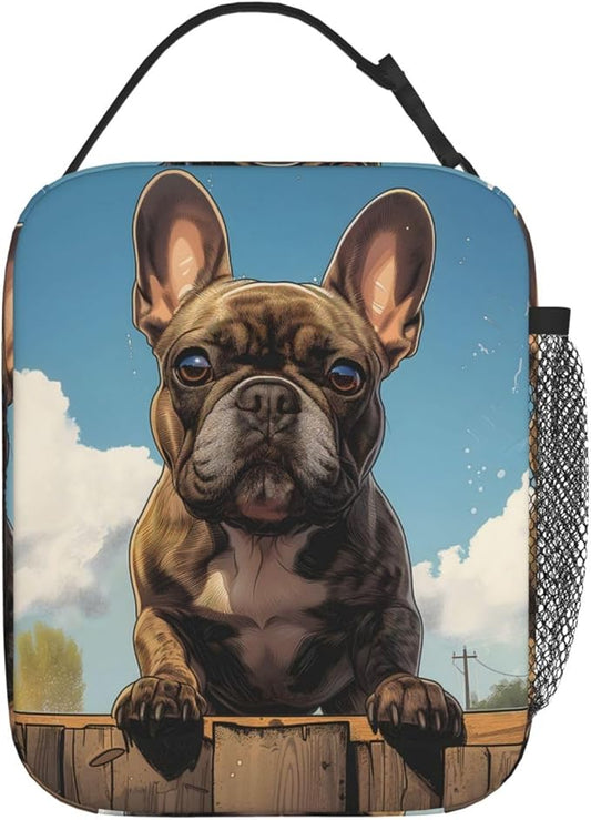 French Bulldog Insulated Lunch Box,Adorable Dog on Blue Sky Background Reusable Tote Bag for Pet Lovers,Playful Puppy Design Lunchbag,Portable Cooler Lunchboxes for Work School Picnic Gifts