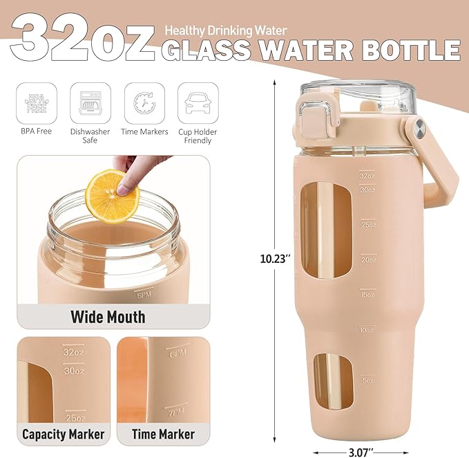 BLUEGO 32oz Glass Tumbler with Lid and Handle, Iced Coffee Cup with Straws, Glass Water Bottle with Silicone Sleeve and Volume, Marker Glass Cup with Time Marking, BPA Free, Amber