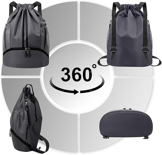 Hoedia Sports Drawstring Backpack - String Swim Gym Bag with Shoes Compartment and Wet Proof Pocket for Women and Men, Dark Grey
