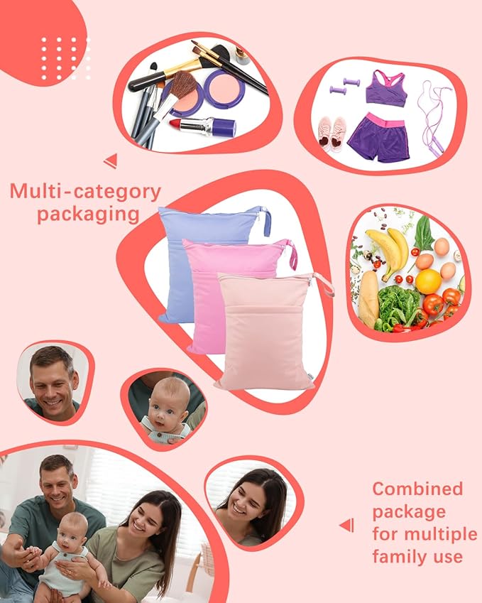 babygoal Wet Dry Bags for Baby Cloth Diapers, Washable Travel Bags, Beach, Pool, Gym Bag for Swimsuits & Wet Clothes with 2 Pockets 3 Pack 3LN09