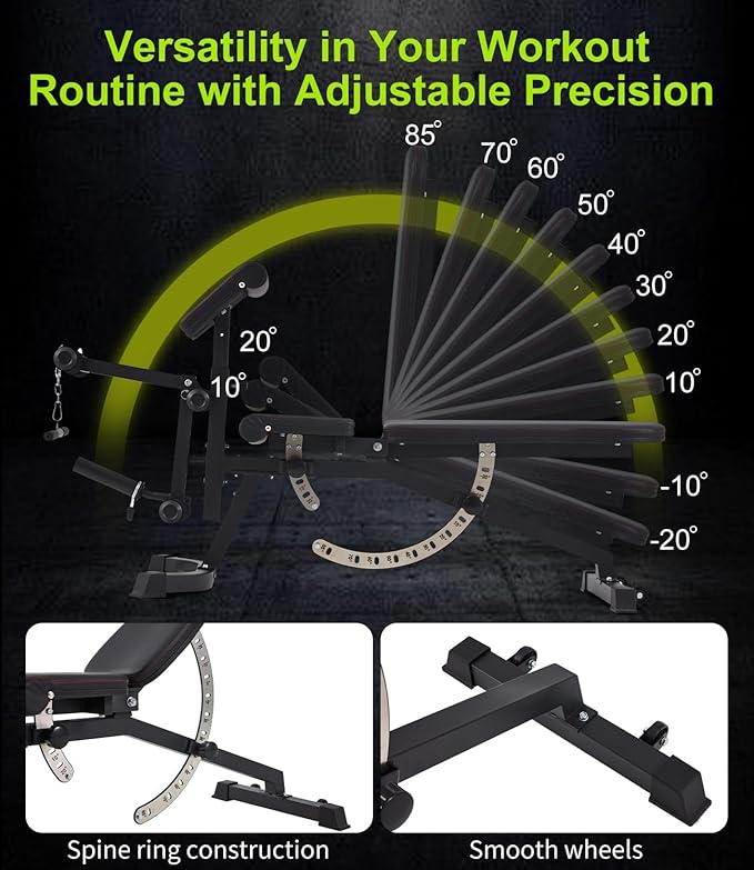 Adjustable Weight Bench for Home Gym, Decline Flat Incline Bench with Leg Extension & Preacher Curl Attachment for Bench Press, Sit Up, Leg Curl & Ab Workout