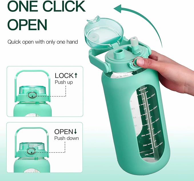 42oz/52oz/64oz Glass Water Bolttles with Straw Half Gallon Large Motivational Water Bottle with Time Marker Sports Water Bottles with Silicone Sleeve and Handle Lid Water Jug for Gym Workout