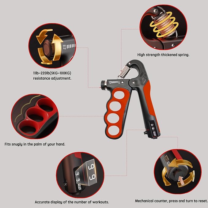 Grip Strength Trainer, Hand Grip Strengthener, Forearm Strengthener, Adjustable Resistance 11 Lbs - 220 Lbs, Ergonomic Design