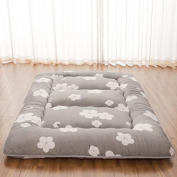 Japanese Floor Mattress, Futon Mattress with Portable Storage Bag and Washable Cover, Roll Up Thick Tatami Mat Suitable for Camping, Guest Room, Grey Cotton, Twin