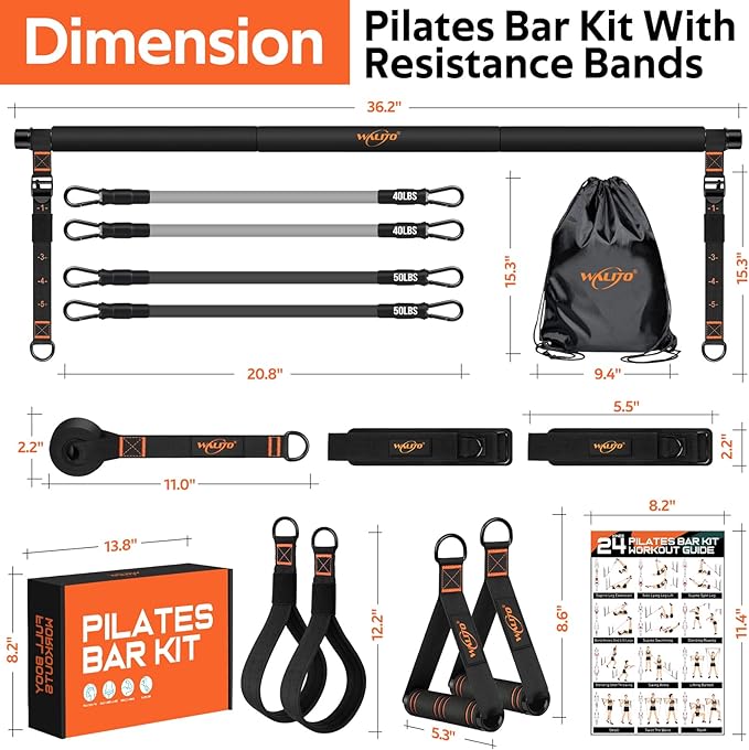 Pilates Bar Kit with Resistance Bands, 3-Section Multifunctional Yoga Pilates Bar with Metal Adjustment Buckle.Portable Pilates Equipment for Women & Men Full-Body Workouts at Home Gym