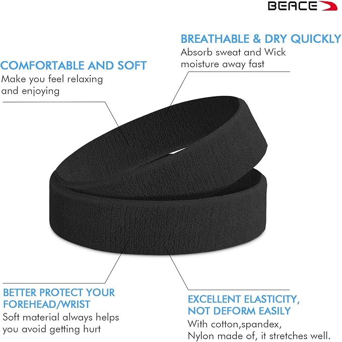 BEACE Sweatbands Sports Headband for Men & Women - 6PCS Moisture Wicking Athletic Cotton Terry Cloth Sweatband for Tennis, Basketball, Running, Gym, Working Out