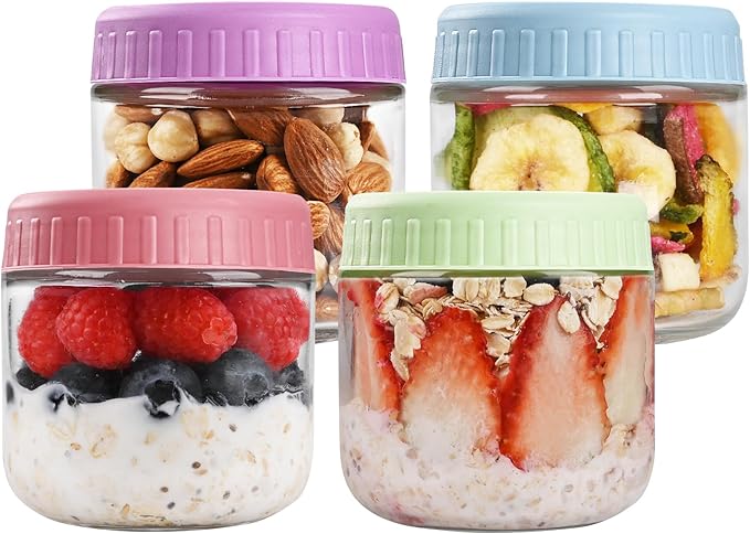Overnight Oats Containers with Lids, 10oz Glass Jars with Lids 4 pcs, Candy, Wide Mouth Mason jars for Salad, Yogurt, Snacks, Meal Prep