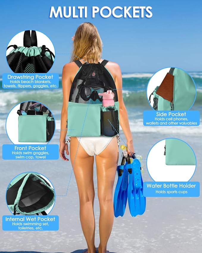 BROTOU Swim Bag Beach Backpack with Wet Pocket Mesh Drawstring Bags for Swimming, Gym