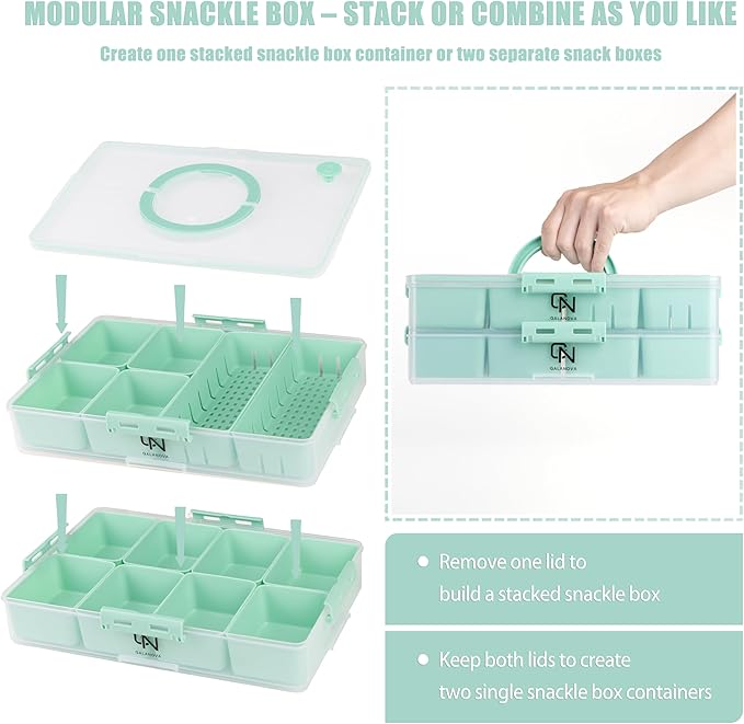 Stackable Snackle Box Container with 2 Lids - BPA-Free Snackle box Organizer, Dishwasher & Microwave Safe Reusable Snacklebox for Veggies, Fruits, Charcuterie, Snacks (Green, 2 Pack)