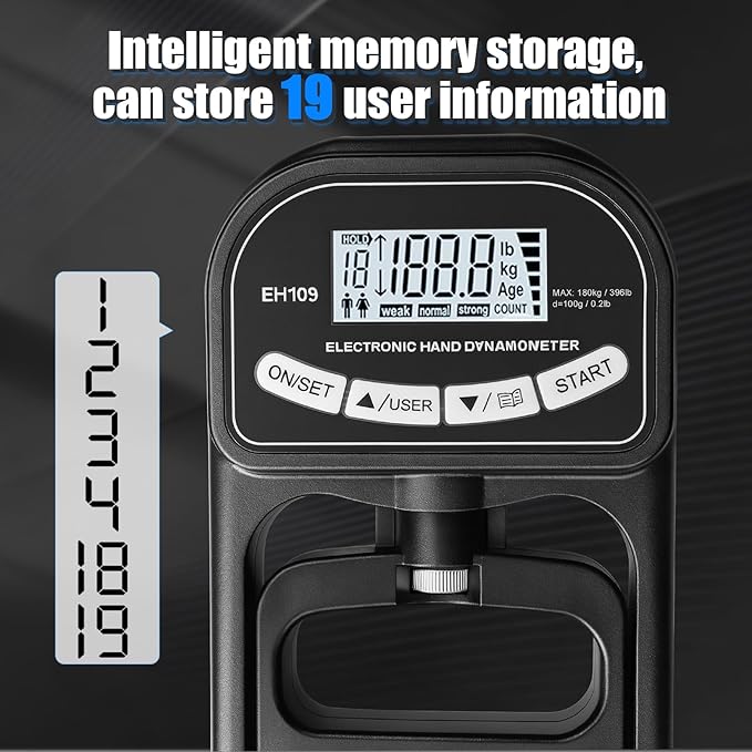 Grip Strength Tester 396 lbs/180 kg with Backlit LCD Display, Digital Hand Grip Dynamometer Records Up to 19 Users, Adjustable Grip Strength Trainer 11–220 lbs for Sports, Rehab, Home & School Use