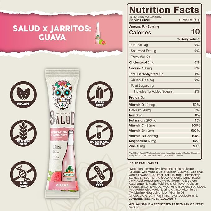 Salud x Jarritos 2-in-1 Hydration Packets + Immunity Electrolytes Powder, Guava - Agua Fresca Drink Mix, Elderberry, Dairy & Soy Free, Non-GMO, Gluten Free, Vegan, 1g Sugar (15 Servings)