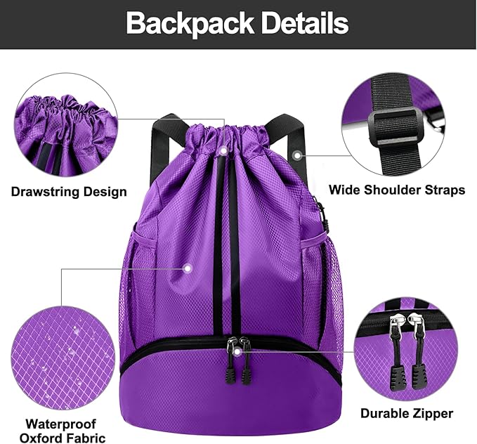 Hoedia Sports Drawstring Backpack - String Swim Gym Bag with Shoes Compartment and Wet Proof Pocket for Women and Men