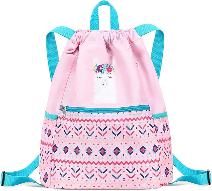 Drawstring Backpack Gym String Bag Drawstring Sackpack Sport Cinch Bag For Womens Girls Mens Alpaca Blue Pink