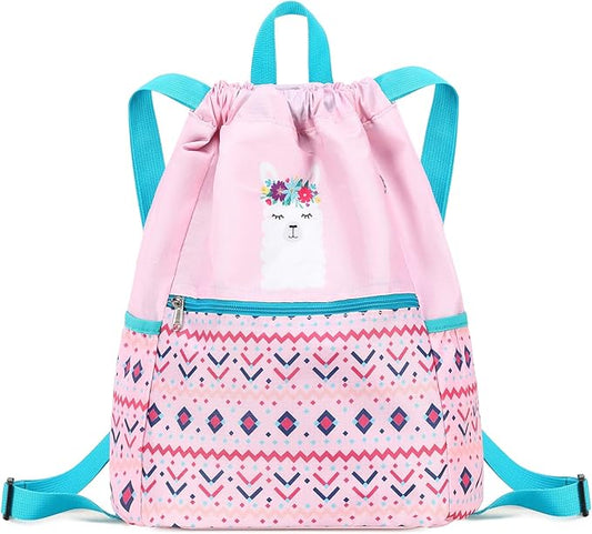 Drawstring Backpack Gym String Bag Drawstring Sackpack Sport Cinch Bag For Womens Girls Mens Alpaca Blue Pink