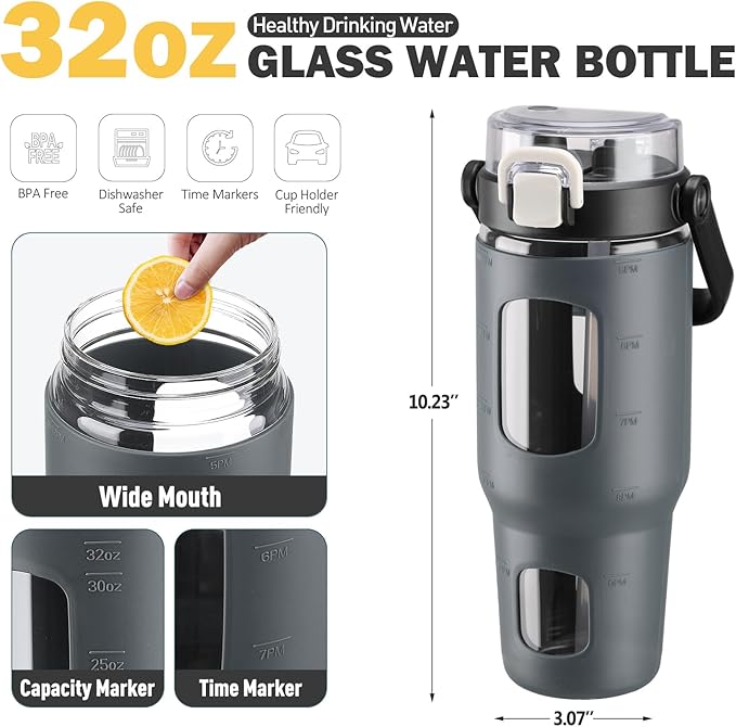 BLUEGO 32oz Glass Water Bottles with Straw Time Marker Half Gallon Large Motivational Water Bottle with Silicone Sleeve 2 Liter Large Glass Water Jug for Gym, Sports& Workout, Daily, Dark Grey