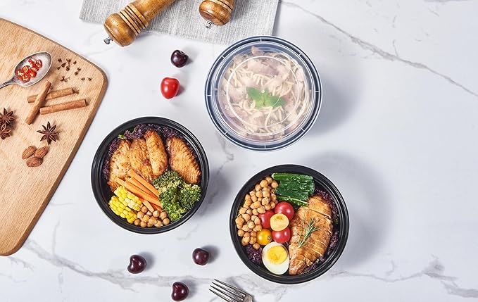 FULING 32 oz 150 ct Round Meal Prep Containers with Lids Plastic Food Storage Lunch Plan To Go Box Disposable Take Out Bowls Black BPA Free Reusable Durable Stackable Microwave Freezer Dishwasher Safe