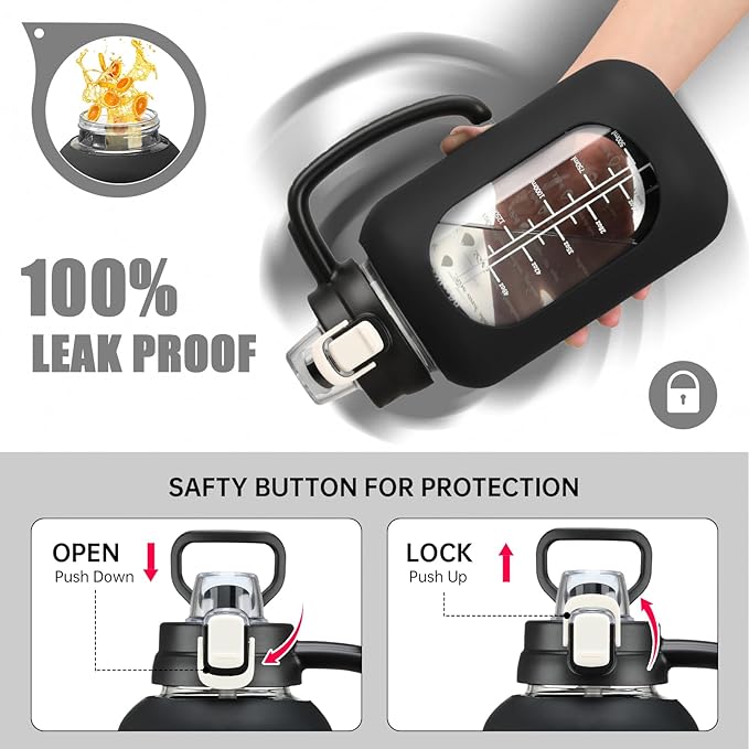 64 oz Glass Water Bottle with Straw and Handle Half Gallon Water Jug with Silicone Sleeve Large Water Bottle for Office, Gym, Outdoor Sports