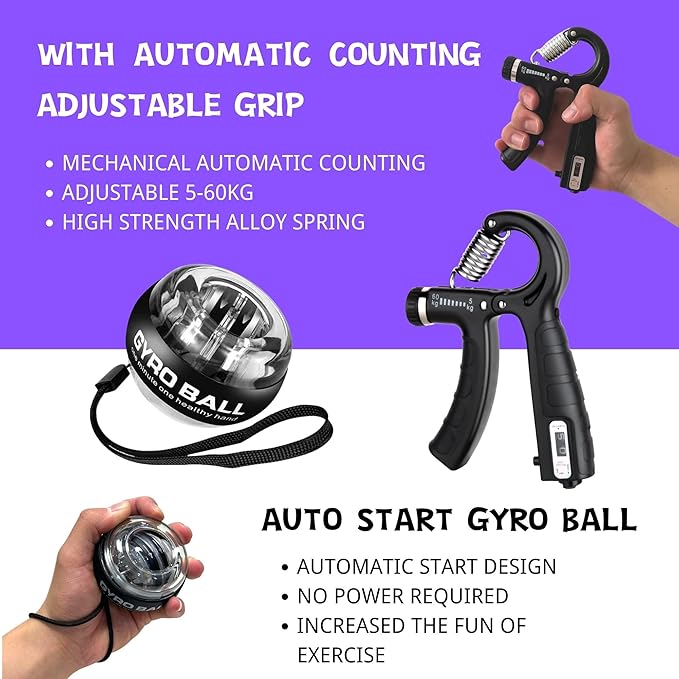 Hand Grip Strengthener Workout Kit (8 Pack) Forearm Grip Adjustable Resistance Hand Gripper, Finger Stretcher, Finger Exerciser, Grip Ring，Gyro Ball (black)