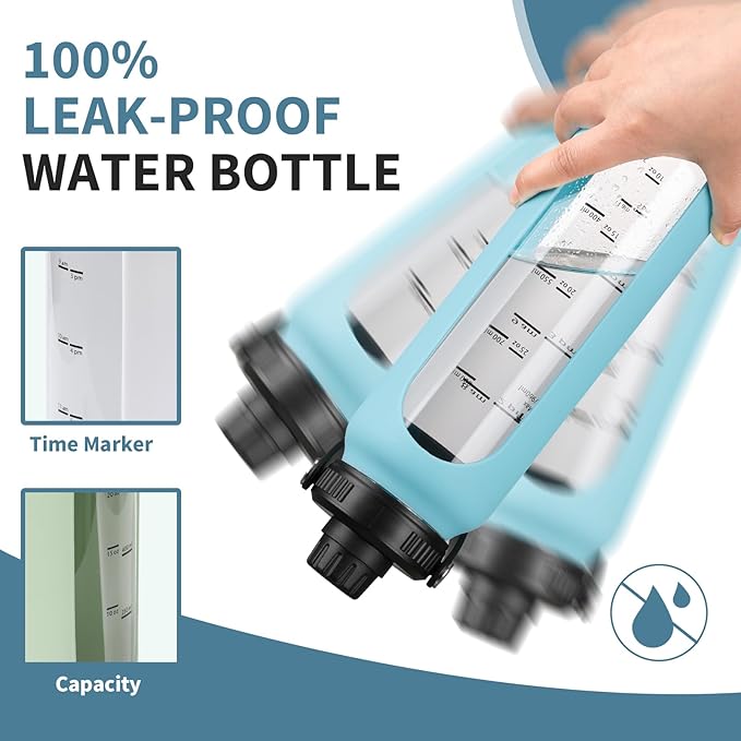 32 oz Glass Water Bottles with 2 Lids-Handle Spout Lid & Straw Lid 1 Liter Motivational Borosilicate Water Bottle with Silicone Sleeve and Time Marker,Leakproof