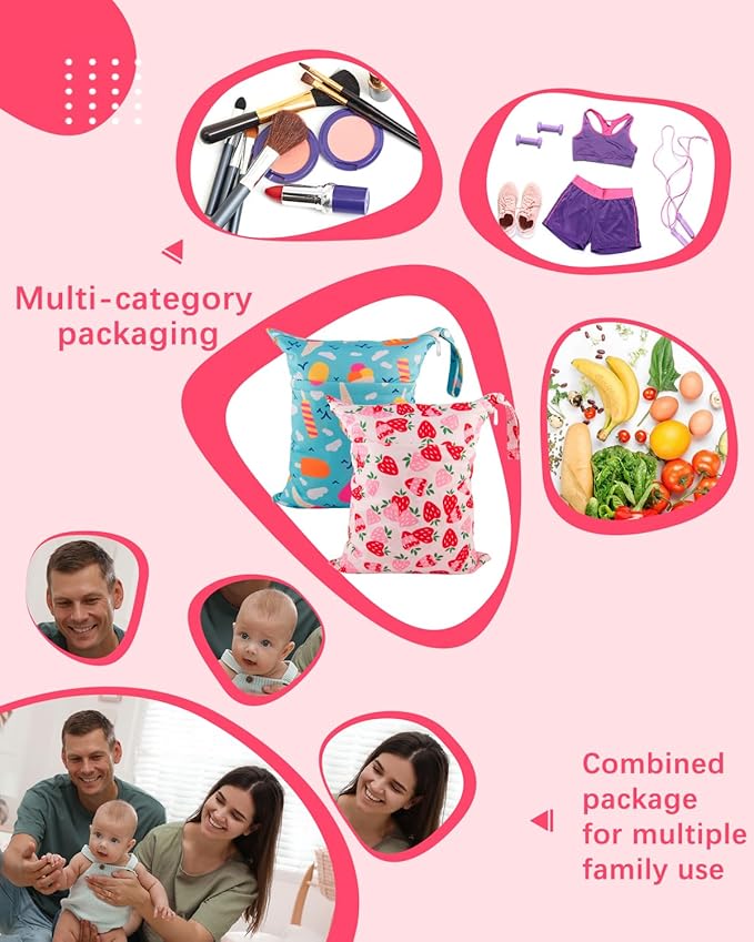 babygoal Wet Dry Bags for Baby Cloth Diapers, Washable Travel Bags, Beach, Pool, Gym Bag for Swimsuits & Wet Clothes with Two Zippered Pockets 2 Pack LN02