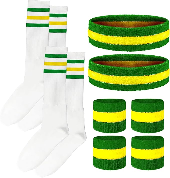 10 Pieces Striped Sweatbands and Striped Socks Set Headbands Wrist Sweat Bands for Men and Women Sports 80s 90s Fitness