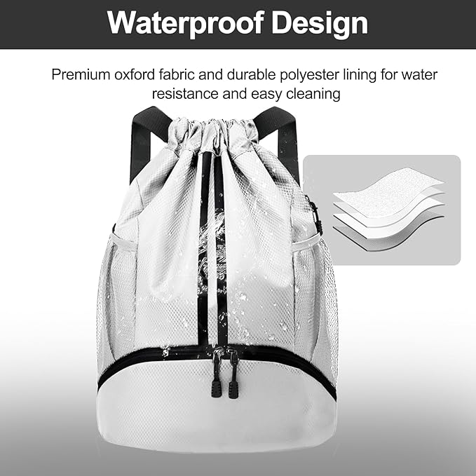 Hoedia Sports Drawstring Backpack - String Swim Gym Bag with Shoes Compartment and Wet Proof Pocket for Women and Men