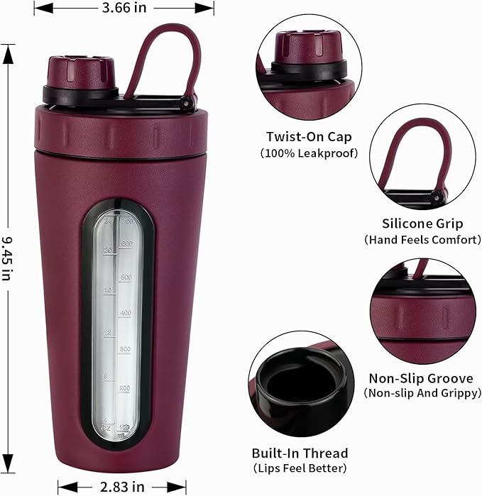 TOOFEEL Protein Shaker Bottle 28 oz - Stainless Steel Shaker Cups for Protein Mixes, Not Stays Cold/Hot, Visible Window Bottle Shaker with 2 Shaker Balls, Fitness Exercise Metal Shaker Bottle