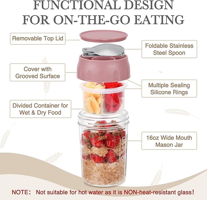 SOLIGT 2 Pack Overnight Oats Containers with Lids, Folding Spoons and Divided Compartments for Fruit & Nuts, Small Glass 16oz Mason Jars for Oatmeal Yogurt Parfait