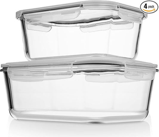 Razab 4 Pc (2700ML/ 91 Oz & 1520ML/ 51 Oz) Airtight Large Glass Food Storage Containers with Lids - BPA Free, Leak Proof Meal Prep Containers (2 Containers + 2 Lids) Microwave, Oven & Freezer Safe