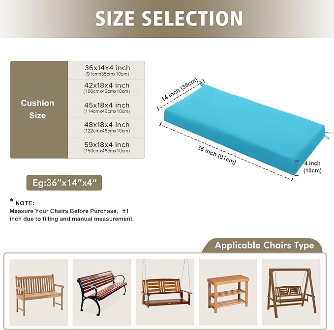 Outdoor Bench Cushion Waterproof 59"x18" – Fade-Resistant Patio Furniture Cushion with Ties for Loveseat, Porch Swing or Indoor Bench Replacement, Teal