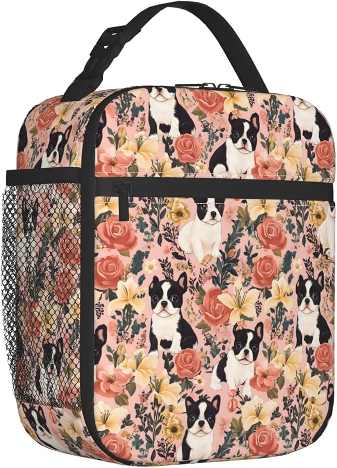 Cute Dog Lunch Box for Kids,Puppy Insulated Bag for Student,Pet Lovers Reusable Thermal Insulation Cooler Tote Bags for School Work Picnic Camping Outdoor Gifts (Boston Terrier and Floral)