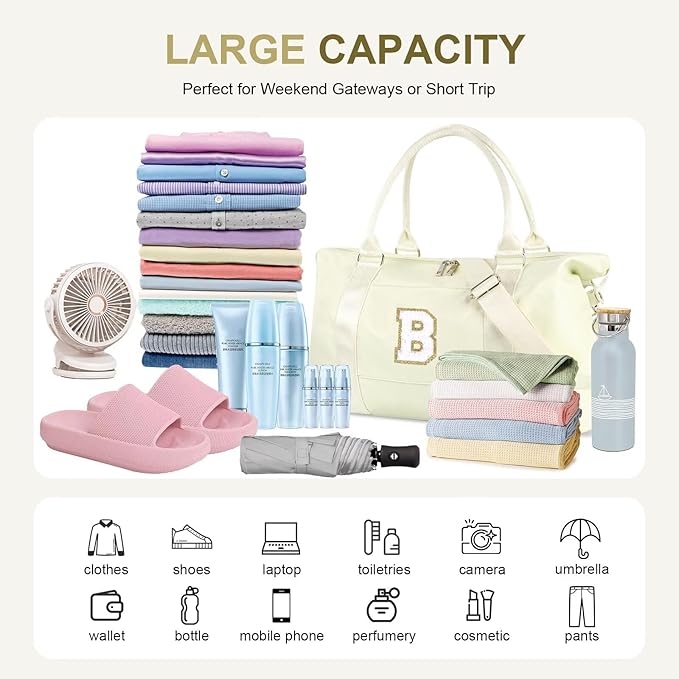 Dance Gym Duffel Bag for Teen Girls, Personalized Initial Travel Weekender Bag,Cute Overnight Carry On Duffle for Women,Sports Travel Cheer Bag,Monogram Christmas Gifts for Tween Preppy(beige-B)