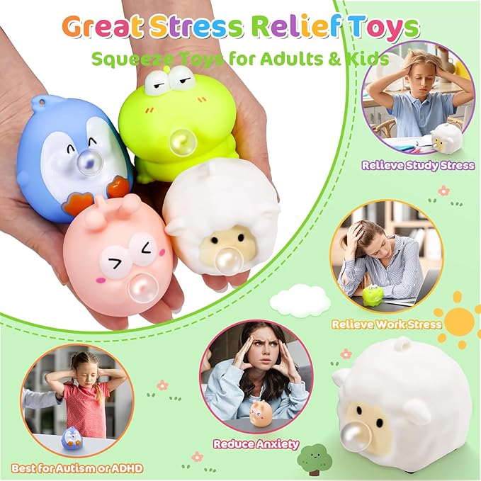4 Pack Cute Squishy Fidget Toys, Animal Spit Bubbles Stress Relief Toy, Squishies Toys for Kids and Adults, Party Favors, Easter Basket Stuffers, Goodie Bag Stuffers and Stocking Stuffers