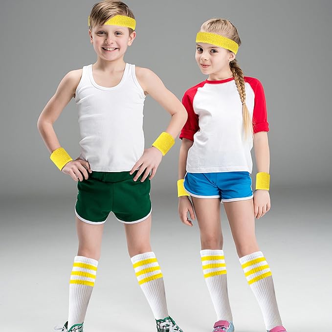 10 Pieces Striped Sweatbands and Striped Socks Set Headbands Wrist Sweat Bands for Men and Women Sports 80s 90s Fitness