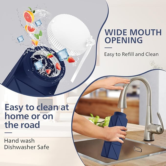 610ml Collapsible Water Bottles Upgrade Foldable Water Bottle BPA Free Reusable Lightweight LeakProof Silicone Water Bottles 20.6oz for Travel Hiking Office Camping Outdoor Sport Dark Blue