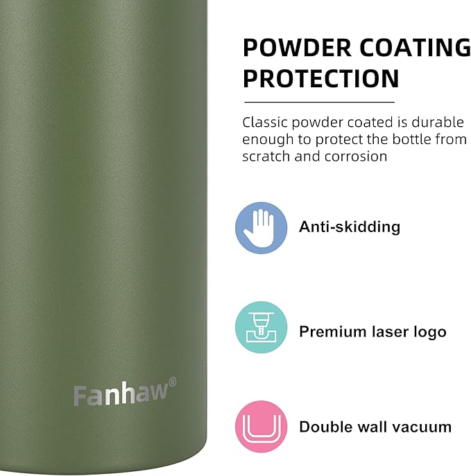Fanhaw 24 Oz Stainless Steel Insulated Sports Water Bottles with Straw for Kids, Men and Women (Olive Green)