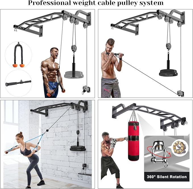 SELEWARE 48'' Heavy Duty Pull Up Bar Wall Mount Multi-function Chin up Bar with Home Gym Cable Pulley System LAT Pulldown Workout Attachments Heavy Bag Hanger