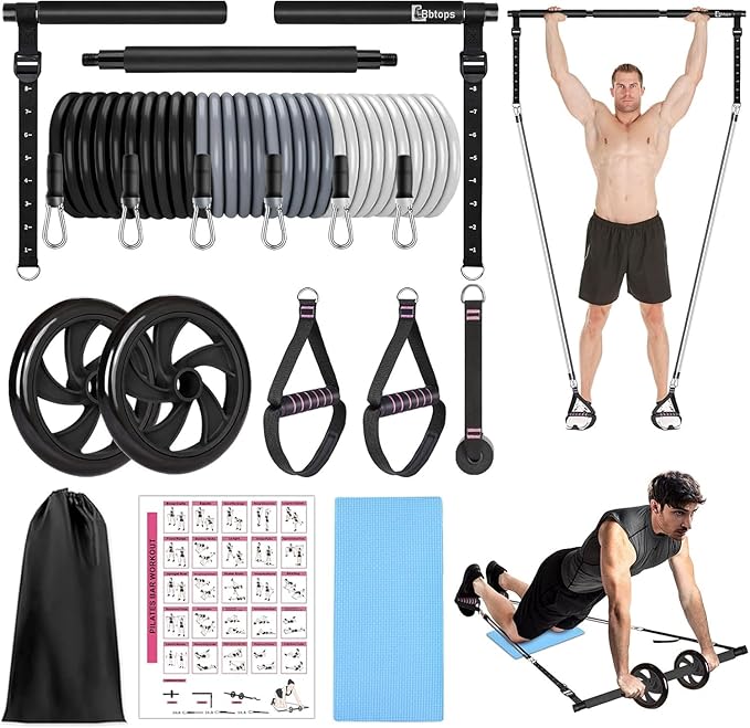 Pilates Bar Kit with Resistance Bands,Ab Roller,2 in 1 Foot Strap & Handle,Door Anchor Pilates Equipment with Resistance Bands, Portable Home Gym Yoga Fitness Bar for Women & Men